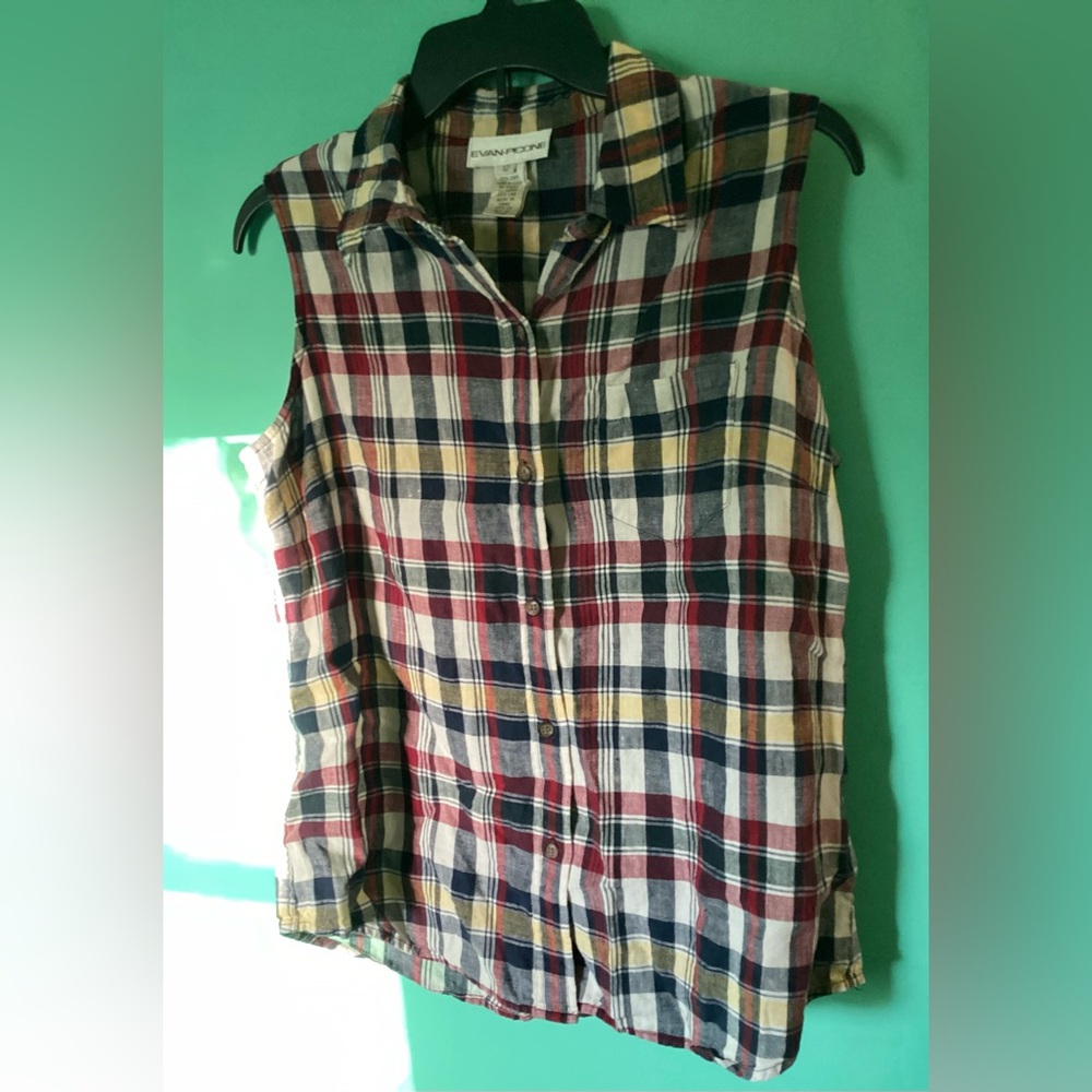 90s Evan Picone Sleeveless Plaid 100% Linen Top Size 12